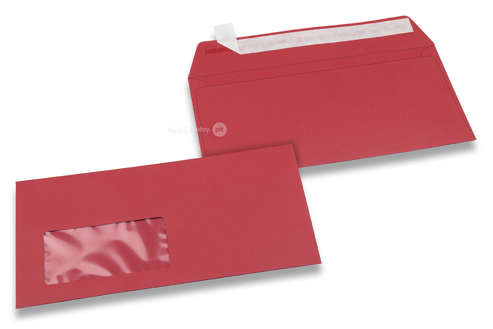 Rot, Fensterbriefumschläge farbig, 110 x 220 mm (DL), Fenster links, Fensterformat 45 x 90 mm, Fensterposition 20 mm von links / 15 mm von unten, Haftklebeverschluss, 120 gr farbiges Papier 