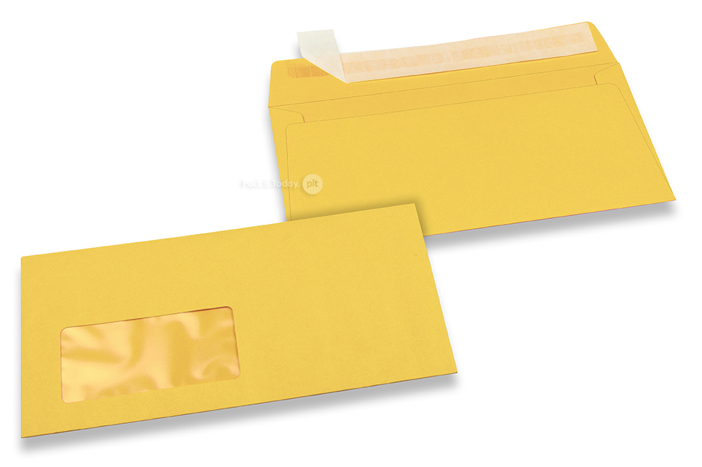 Sonnenblumengelb, Fensterbriefumschläge farbig, 110 x 220 mm (DL), Fenster links, Fensterformat 45 x 90 mm, Fensterposition 20 mm von links / 15 mm von unten, Haftklebeverschluss, 120 gr farbiges Papier 
