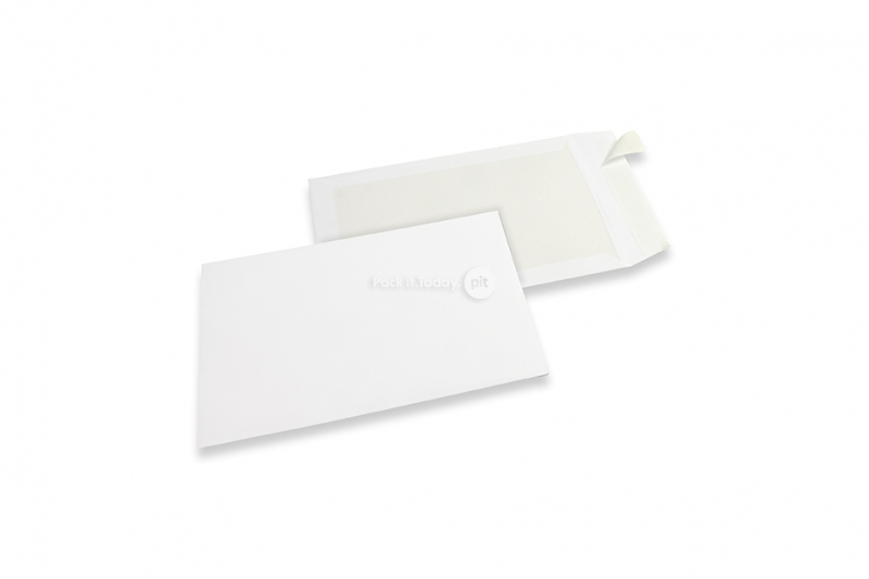 Papprückwandtaschen - 220 x 312 mm, 120 Gramm weiße Kraft-Vorderseite, 450 Gramm weiße Duplex-Rückseite, Haftklebeverschluß