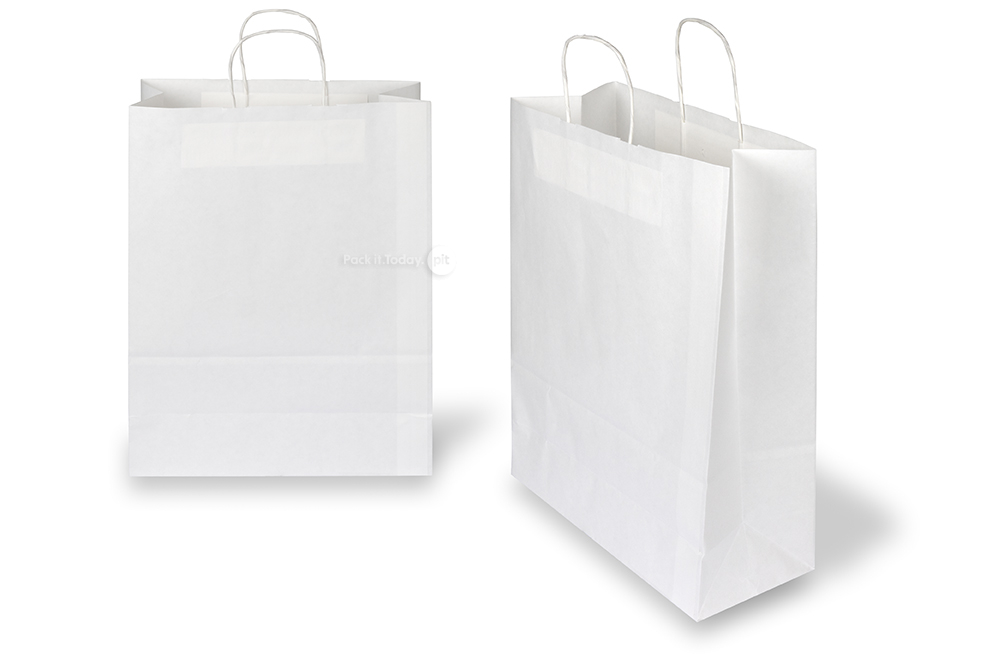 Tragetaschen aus Papier mit gedrehten Papierkordeln - weiß, 320 x 140 x 420 mm, 100 Gramm