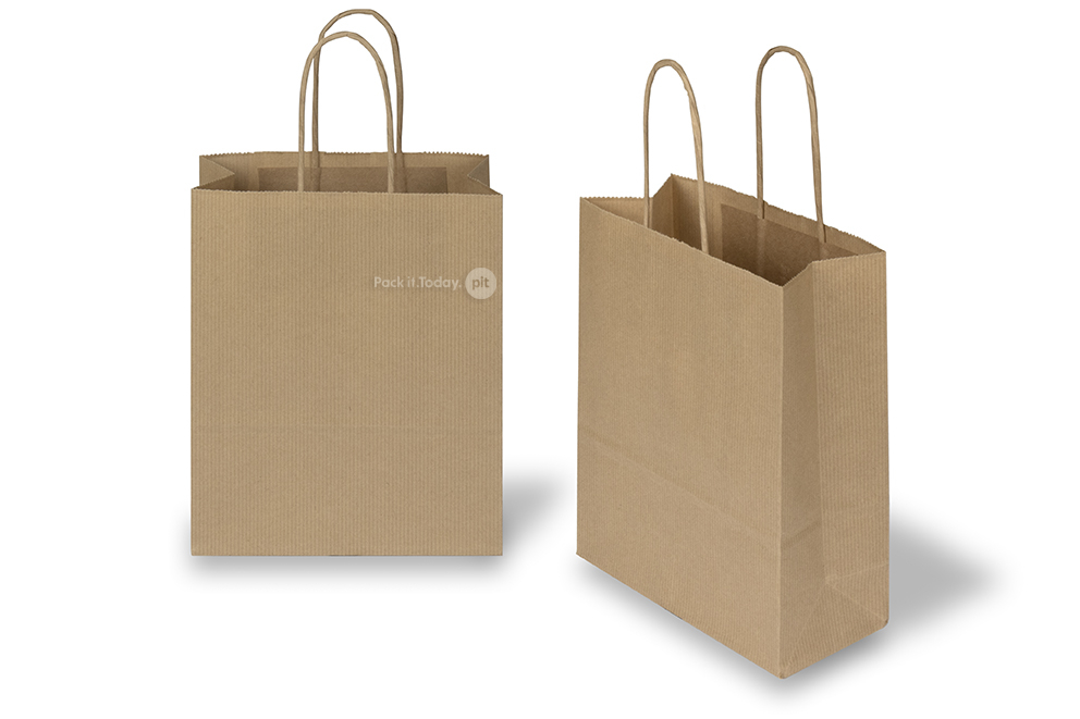 Tragetaschen aus Papier mit gedrehten Papierkordeln - braun gestreift, 180 x 80 x 220 mm, 90 Gramm