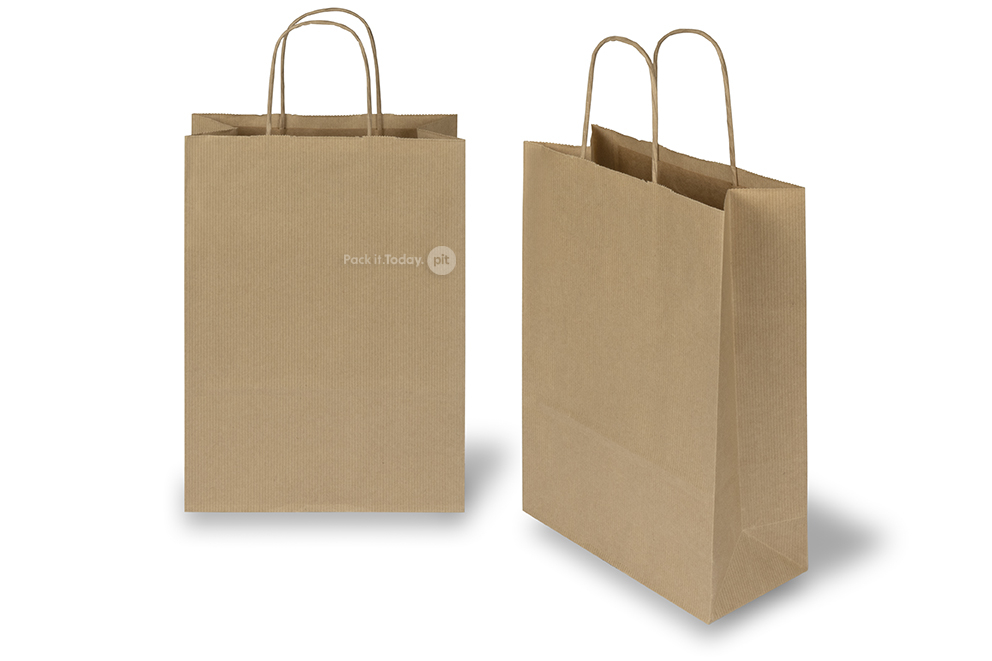 Tragetaschen aus Papier mit gedrehten Papierkordeln - braun gestreift, 220 x 100 x 310 mm, 90 Gramm