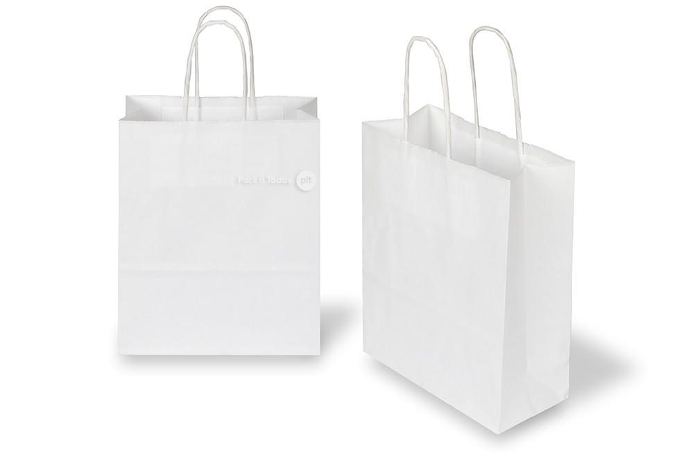 Tragetaschen aus Papier mit gedrehten Papierkordeln - weiß, 180 x 80 x 220 mm, 90 Gramm