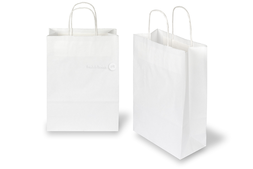 Tragetaschen aus Papier mit gedrehten Papierkordeln - weiß, 220 x 100 x 310 mm, 90 Gramm