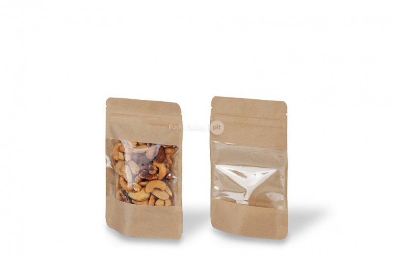 Standbodenbeutel aus Kraftpapier mit großem Fenster - 110 x 185 x 70 mm, 250 ml
