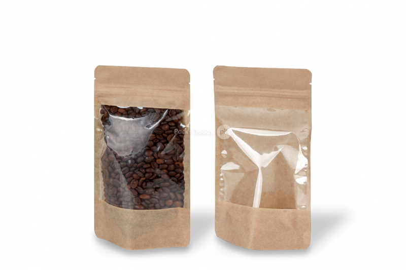 Standbodenbeutel aus Kraftpapier mit großem Fenster - 130 x 225 x 70 mm, 500 ml