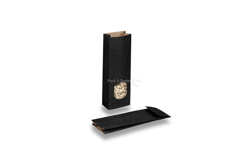 Blockbodenbeutel aus Kraftpapier Schwarz - 70 x 40 x 205 mm mit Fenster, 100 ml