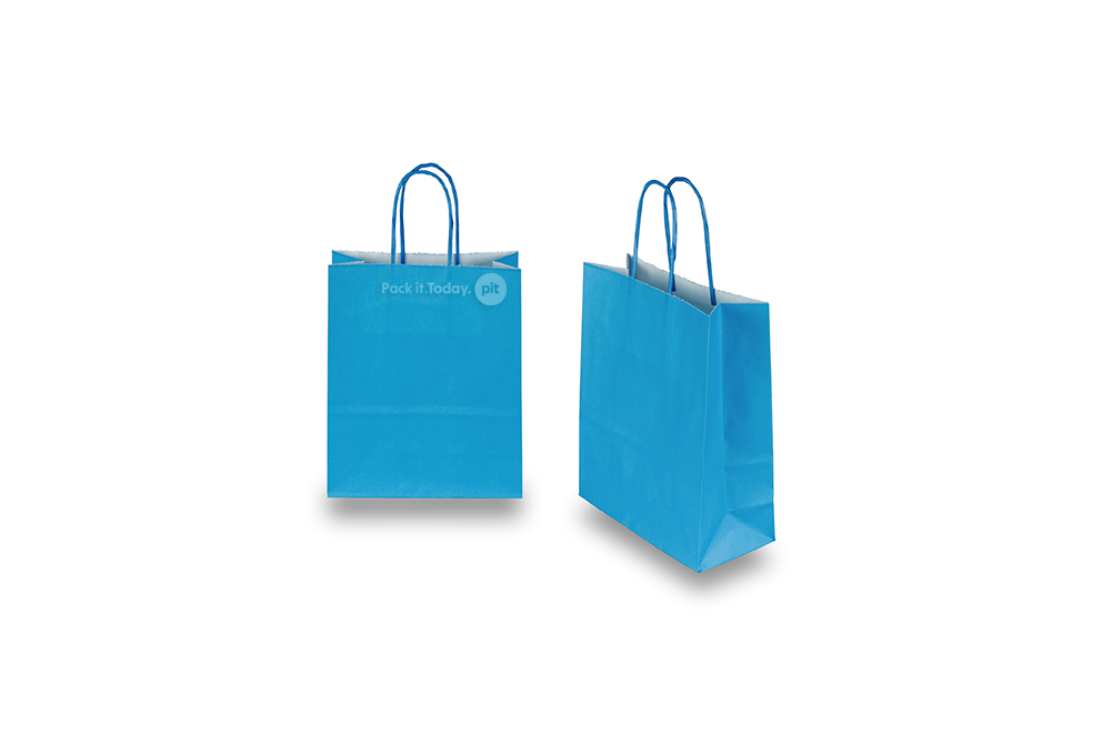 Tragetaschen aus Papier mit gedrehten Papierkordeln - blau, 180 x 80 x 220 mm, 90 Gramm