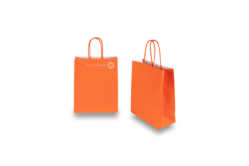 Tragetaschen aus Papier mit gedrehten Papierkordeln - orange, 180 x 80 x 220 mm, 90 Gramm