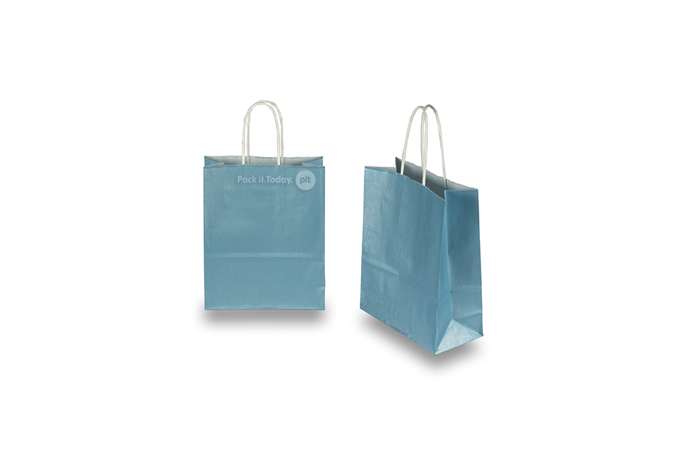 Tragetaschen aus Papier mit gedrehten Papierkordeln - blau metallic, 180 x 80 x 220 mm, 90 Gramm