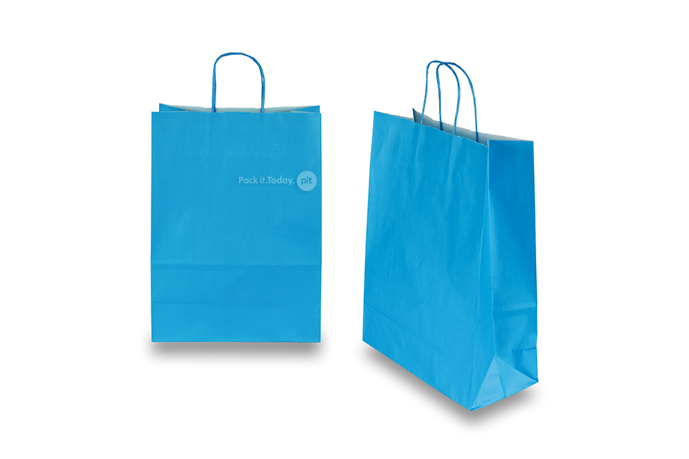 Tragetaschen aus Papier mit gedrehten Papierkordeln - blau, 260 x 120 x 350 mm, 90 Gramm