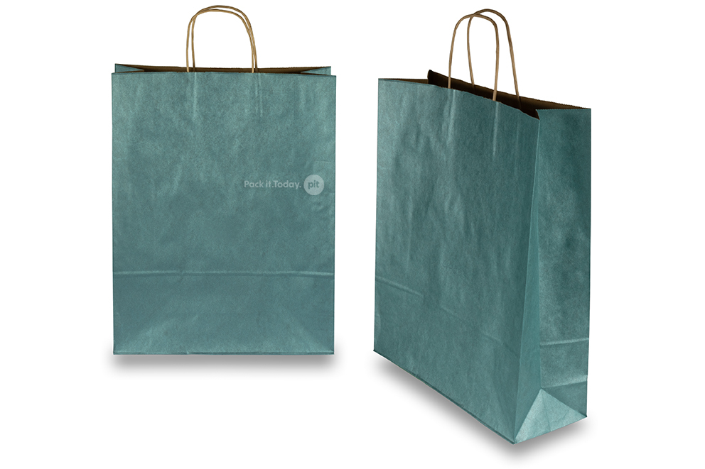 Tragetaschen aus Papier mit gedrehten Papierkordeln - petrol metallic, 320 x 120 x 410 mm, 100 Gramm