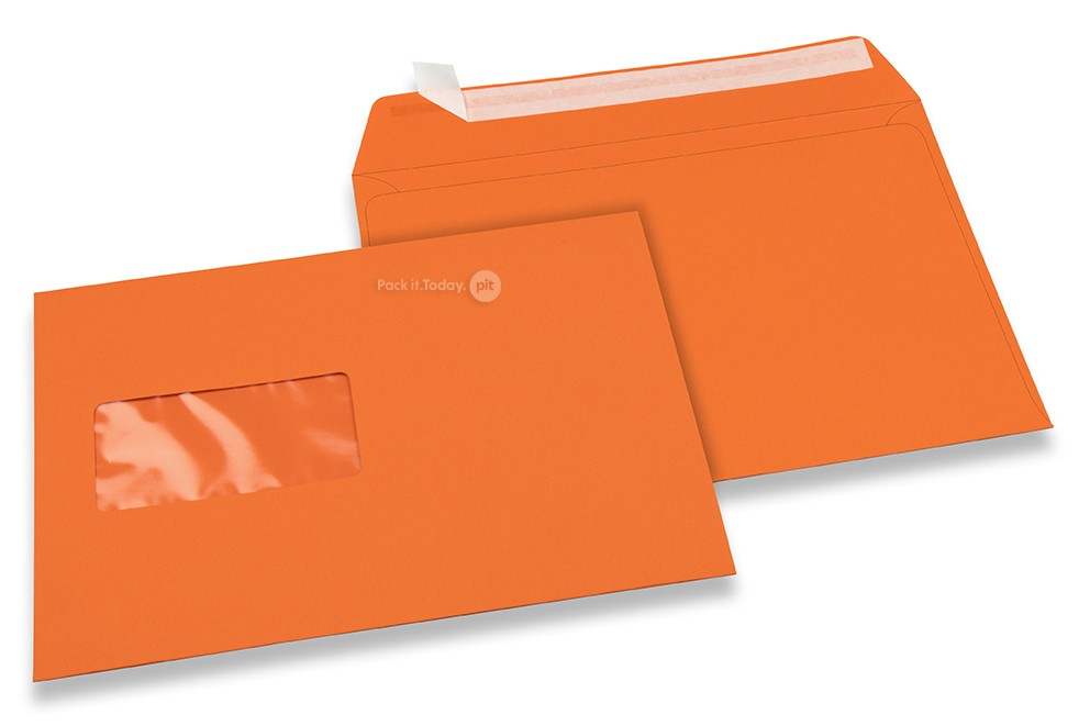 Orange, Fensterbriefumschläge farbig, 162 x 229 mm (A5), Fenster links, Fensterformat 45 x 90 mm, Fensterposition 20 mm von links / 60 mm von unten, Haftklebeverschluss, 120 gr farbiges Papier