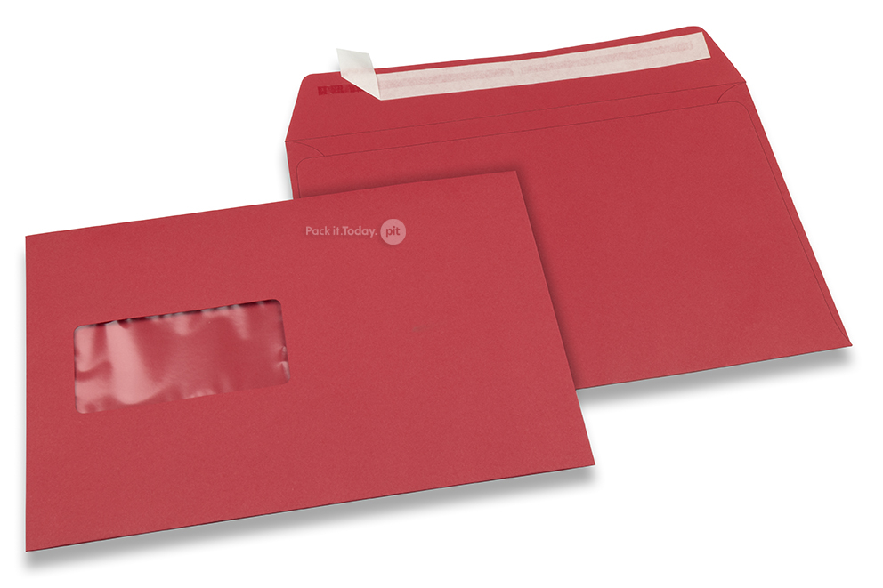 Rot, Fensterbriefumschläge farbig, 162 x 229 mm (A5), Fenster links, Fensterformat 45 x 90 mm, Fensterposition 20 mm von links / 60 mm von unten, Haftklebeverschluss, 120 gr farbiges Papier